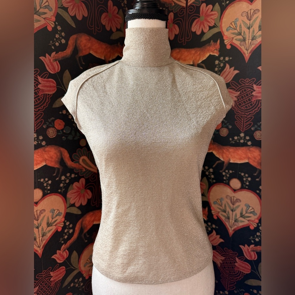 Vintage Richard Tyler Couture Gold Metallic Short Sleeve Top Shirt Small Zipper